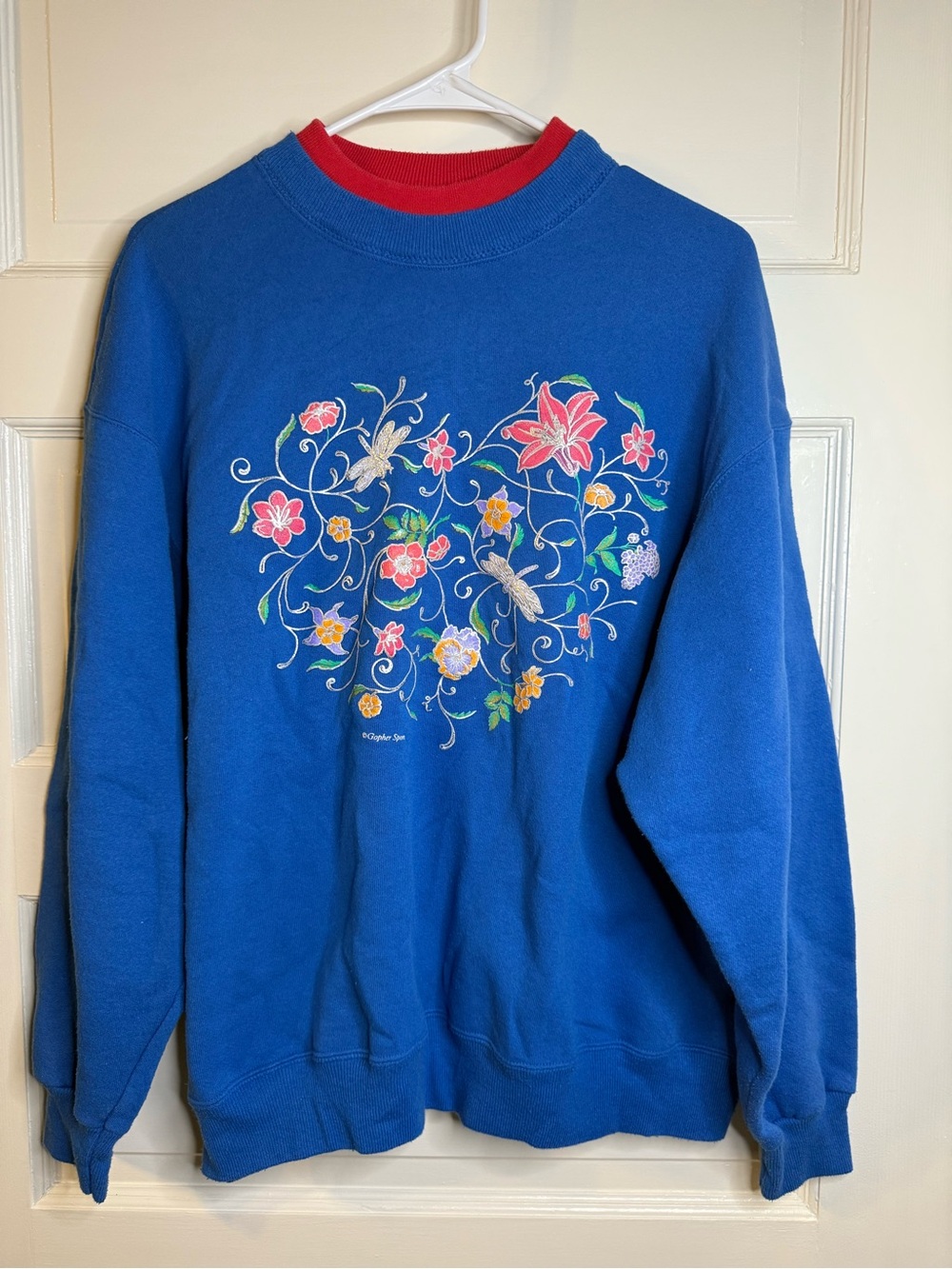 Vtg Gopher sport Blue Floral Crew Sweatshirt with Red Neck Trim